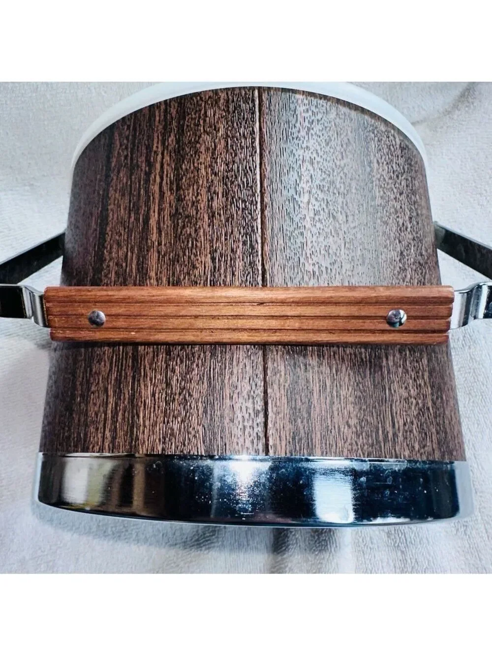 Vintage Atapco MCM Faux Wood Grain Vinyl Chrome Ice Bucket Mid Century USA